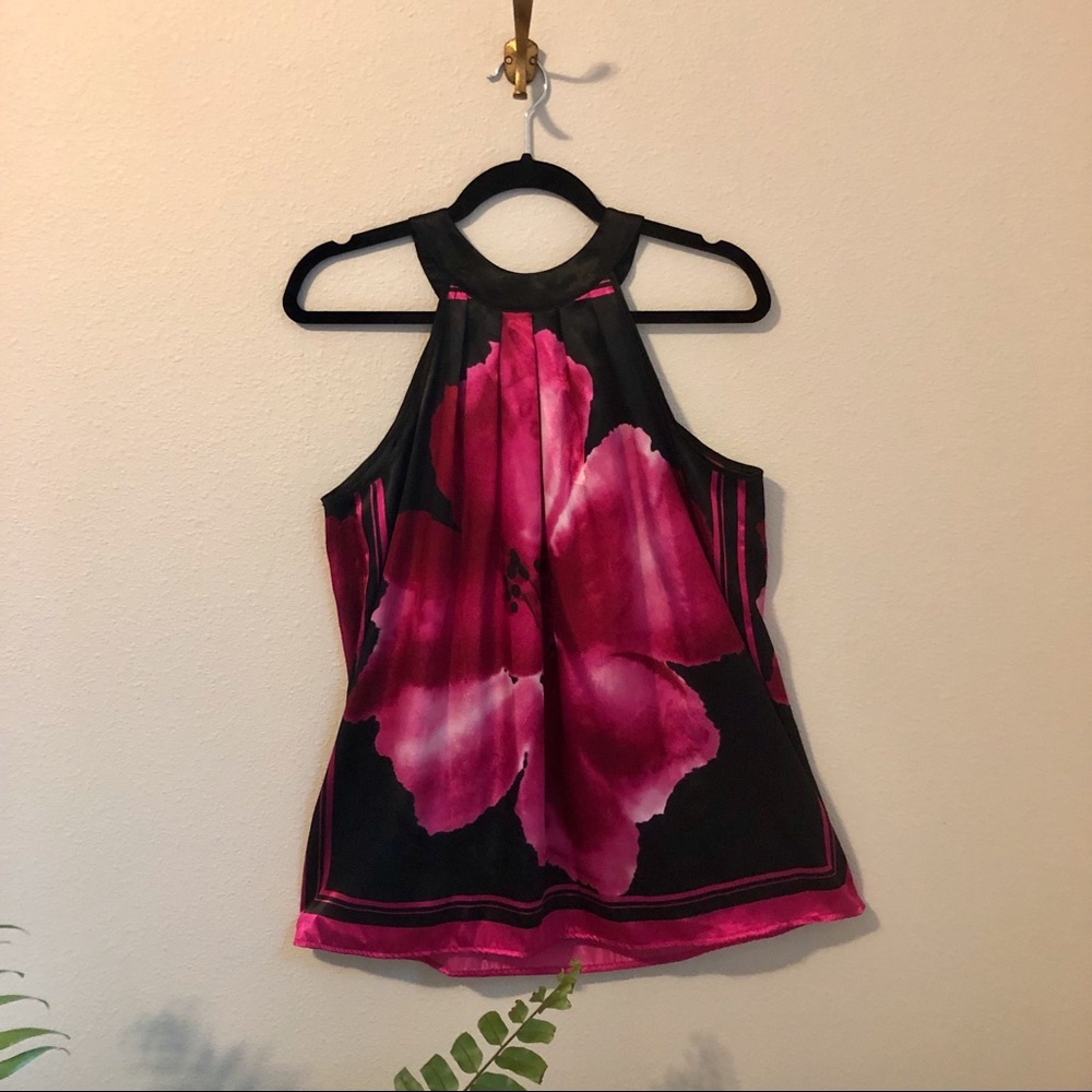 Black and Pink Floral Halter Tank Top - Size M